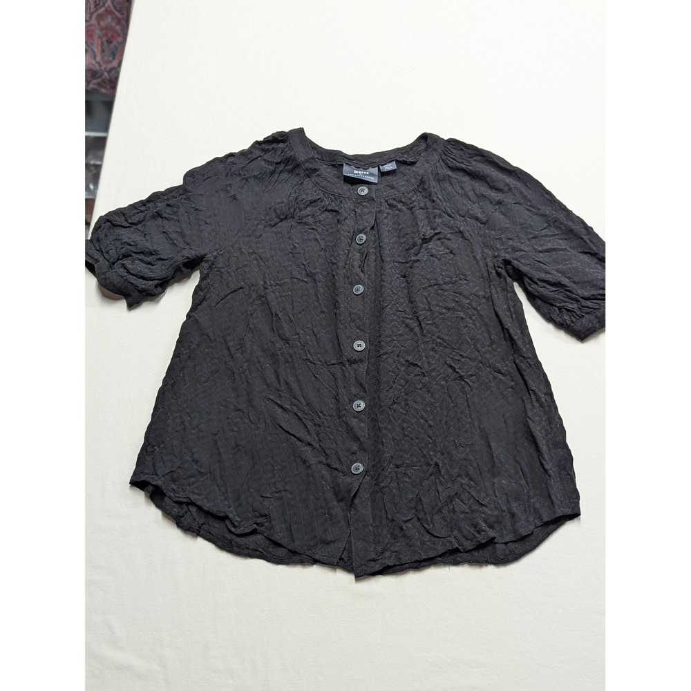 Maeve Anthropologie Black Textured Button Down Blouse Short Puff Sleeve Small